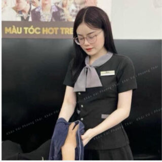 Bộ đồng phục spa, đồng phục lễ tân, trường học, cổ nơ vải cotton lạnh cao cấp
