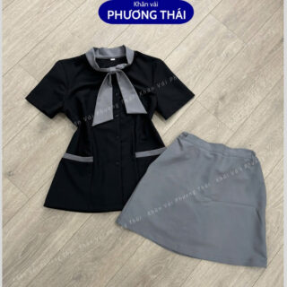 Bộ đồng phục spa, đồng phục lễ tân, trường học, cổ nơ vải cotton lạnh cao cấp