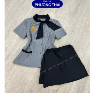 Bộ đồng phục spa, đồng phục lễ tân, trường học, cổ nơ vải cotton lạnh cao cấp