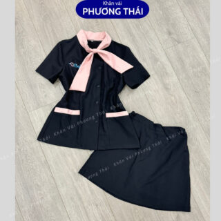 Bộ đồng phục spa, đồng phục lễ tân, trường học, cổ nơ vải cotton lạnh cao cấp